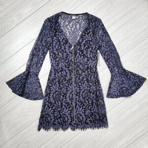New Blue Lace Dress Long Bell Sleeve Witchy Mini Party Cocktail V-Neck M 6 Venus